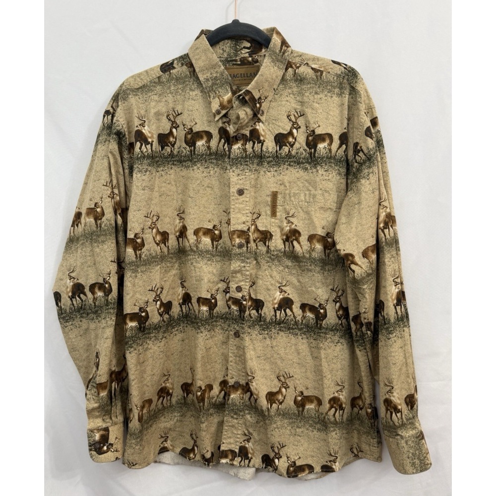 Magellan Long Sleeve Beige Button Shirt Deer Graphic Print Mens Size L Hunting